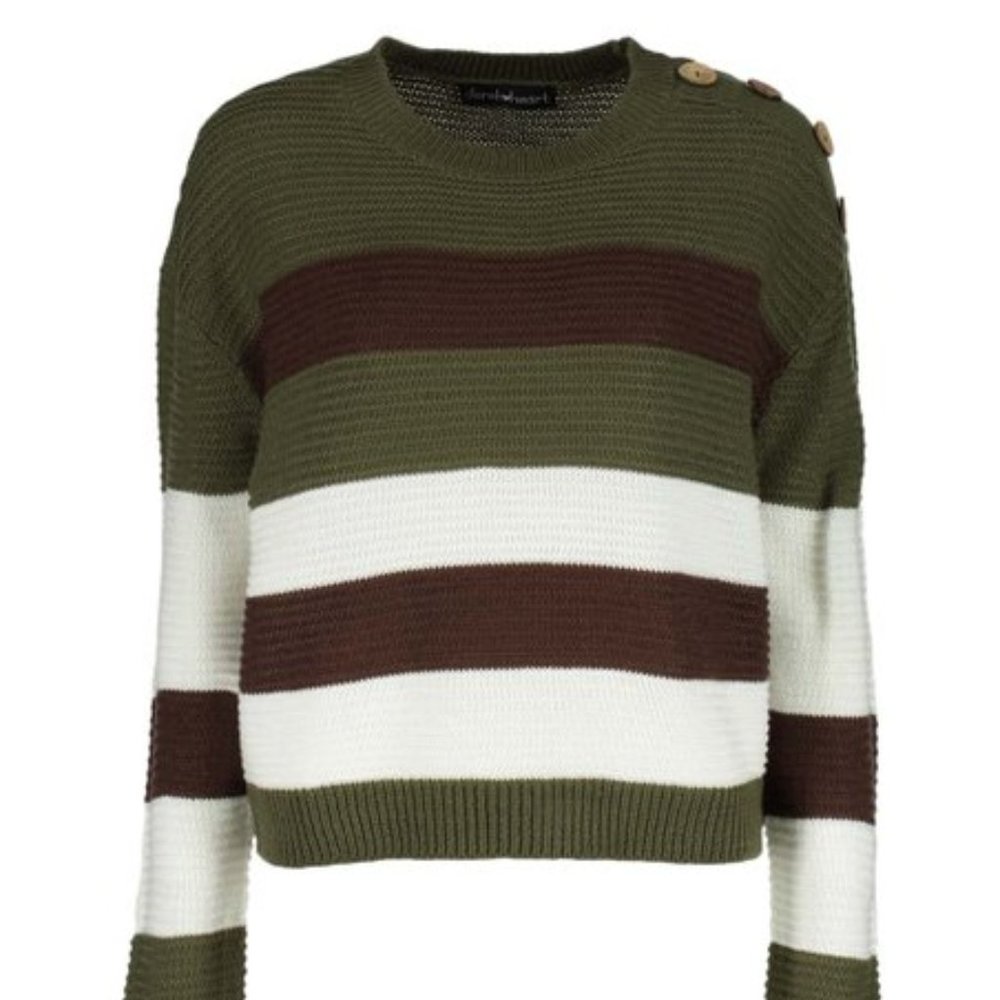 Kalamata & Egret Stripe Button-Shoulder Sweater - Juniors / Size L